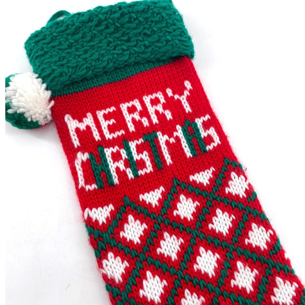 Merry Christmas Knit Stocking Red Green White Diamond Mens Pattern 23" Taiwan